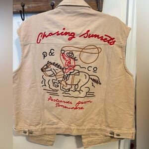 Embroidered 'Chasing Sunsets' Cowboy Vest - Beige with Red Detail